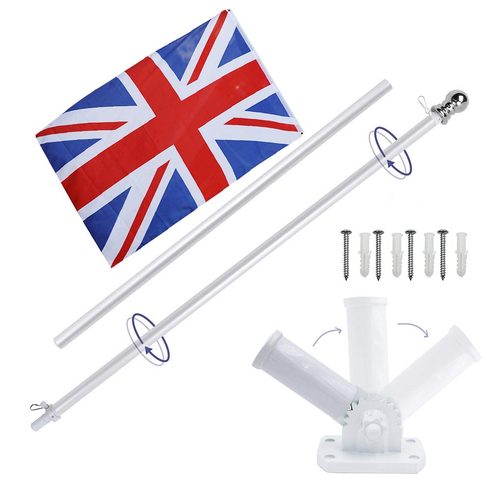 6ft Aluminium Flag Pole Kit With Adjustable 180 Degree Wall Bracket + 1PC Flag (British flag)