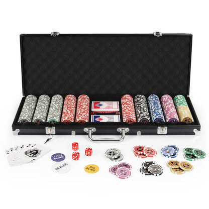 Texas Holdem Poker Chips Set with Aluminum Case,2 Decks of Cards, Dealer, Small Blind, Big Blind Buttons and 5 Dice (500 Piece Chips)