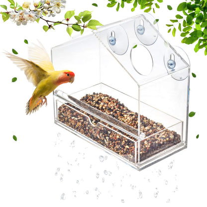 Outside Acrylic Balcony Window Bird Feeder with Drain Holes, Removable Tray, Super Strong Suction Cups,High Seed Capacity, Great Gift,Easy to Clean (20 x 18.5 x 10cm)