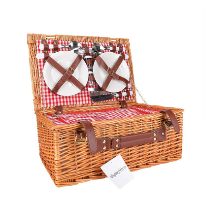 Deluxe 4 Person Traditional Wicker picnic basket Wicker Hamper - Premium Set with Plates, Wine Glasses, Flatware and Napkins