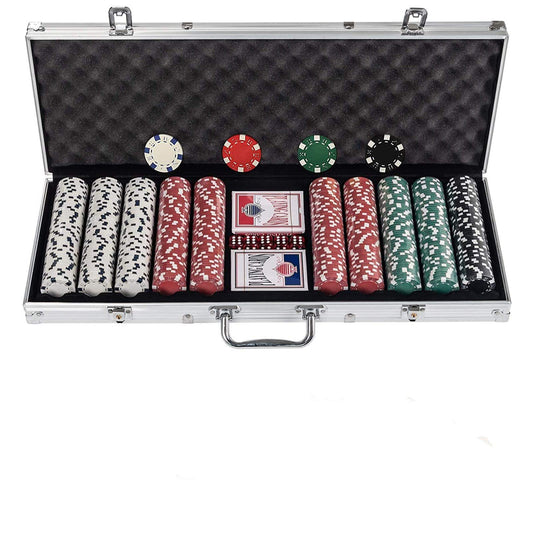 Texas Holdem Poker Chips Set with Aluminum Case,2 Decks of Cards, Dealer, Small Blind, Big Blind Buttons and 5 Dice (500pcs)