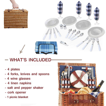 Deluxe 4 Person Traditional Wicker picnic basket Wicker Hamper - Premium Set with Plates, Wine Glasses, Flatware and Napkins