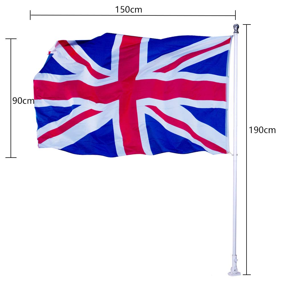 6ft Aluminium Flag Pole Kit With Adjustable 180 Degree Wall Bracket + 1PC Flag (British flag)