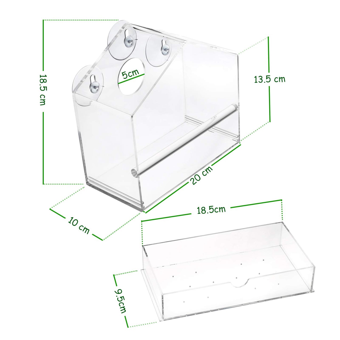 Outside Acrylic Balcony Window Bird Feeder with Drain Holes, Removable Tray, Super Strong Suction Cups,High Seed Capacity, Great Gift,Easy to Clean (20 x 18.5 x 10cm)