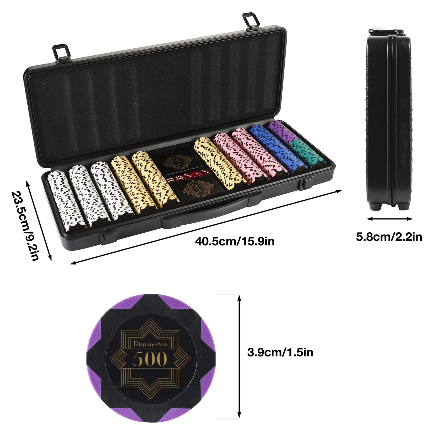 Clay Poker Chips Set for Texas Holdem,Poker Chips with Denominations,Features a high-end Carrying case with Leather Interior Design and German Polycarbonate Shell(500pcs - 13.5g)