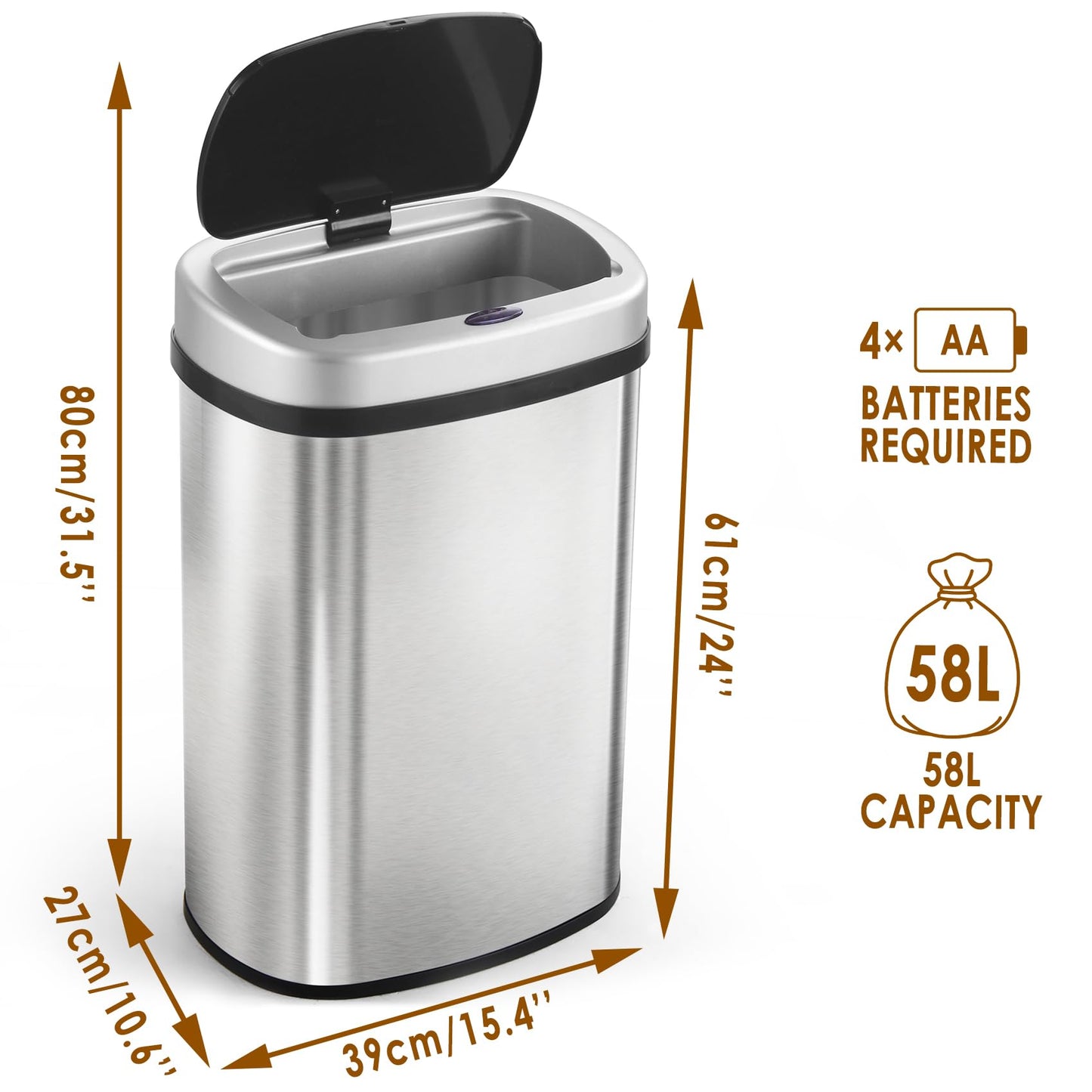 Stainless Steel Automatic Touchless Kitchen Bathroom Sensor Bin,Trash Can,Touch Bin (58LRound)