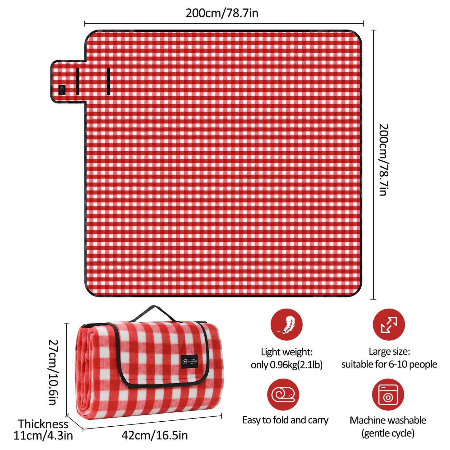 Picnic Blanket Portable, 200 x 200CM Extra Large Waterproof Picnic Mats with Carrying Handle, Outdoor Multipurpose Rugs for Camping, Travel, Park, Beach, Garden, Family Gathering