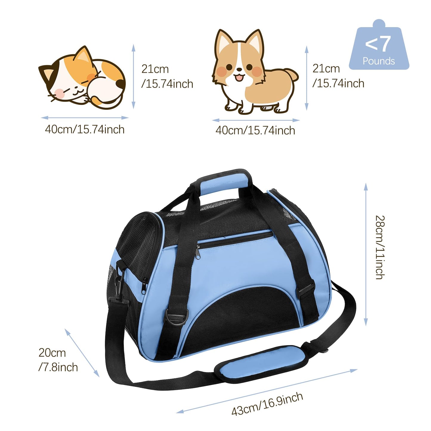 Cat Carrier, Portable Pet Carrier Foldable Soft Sided Cat Travel Carrier Airline Approved Cat Carrier bag Breathable with Mesh Top and Sides 43x20x28cm, Blue