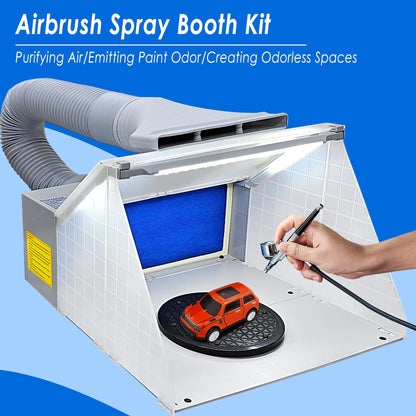Airbrush Toy Model Parts Spray Booth Hose Kit Paint Craft Odor Extractory Hobby Spray Booth Portable w/LED Light Turn Table Powerful Fan with Filter Extraction