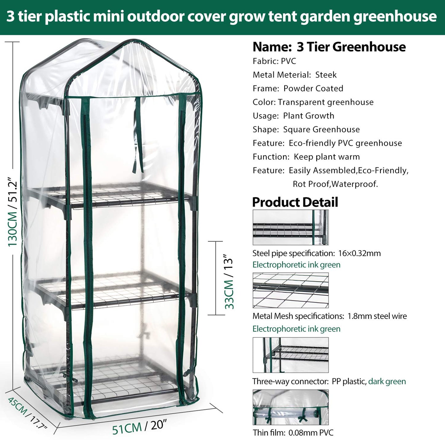 Mini Greenhouse,Small Plant Greenhouses,With Transparent Plastic PVC Cover, Indoor outdoor tent garden greenhouse (51 x 45 x 130cm)