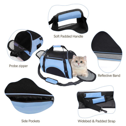 Cat Carrier, Portable Pet Carrier Foldable Soft Sided Cat Travel Carrier Airline Approved Cat Carrier bag Breathable with Mesh Top and Sides 43x20x28cm, Blue