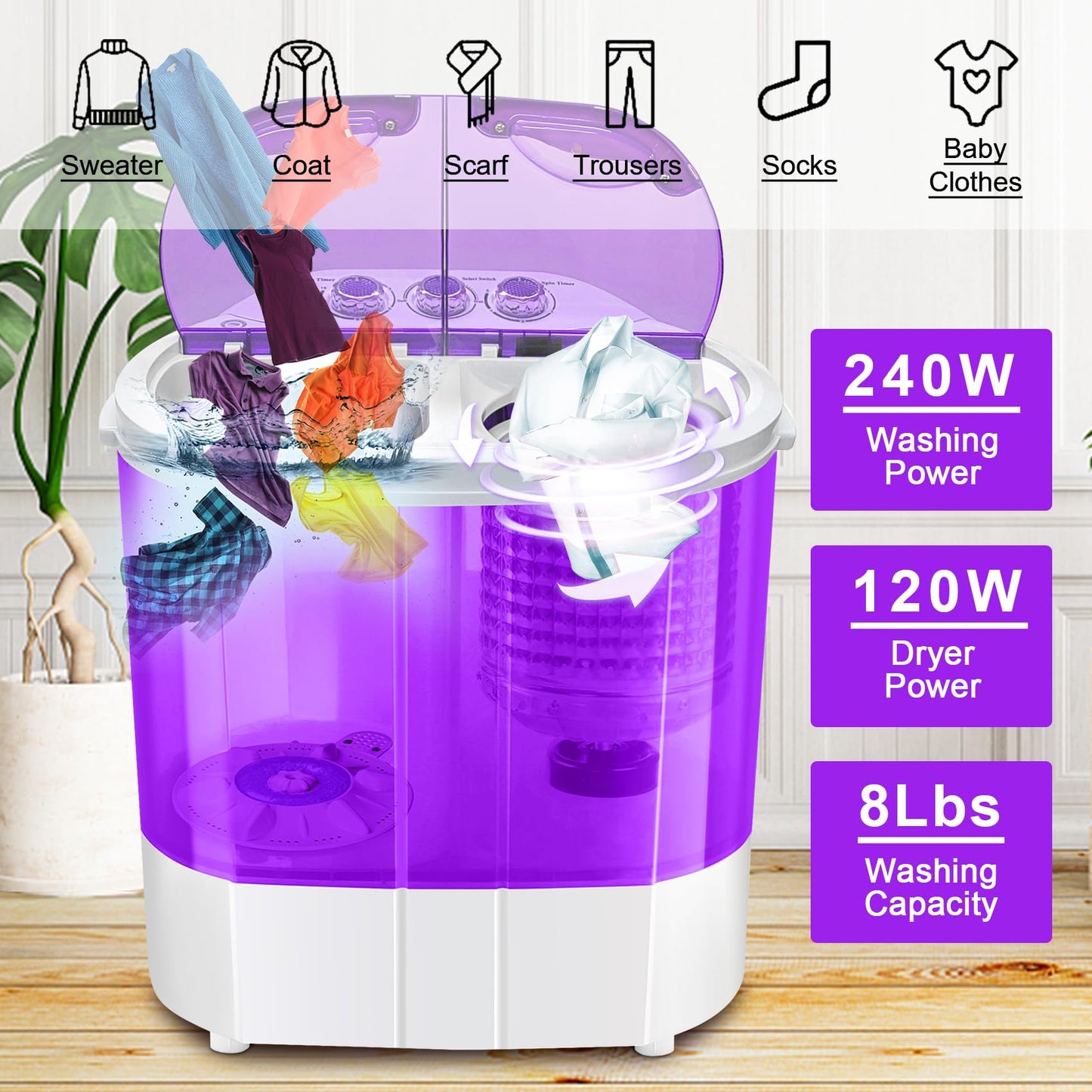 Electric Mini Portable Compact 3.6KG Capacity Washer Washing Machine Spin Dryer Laundry (Purple) [Energy Class A]