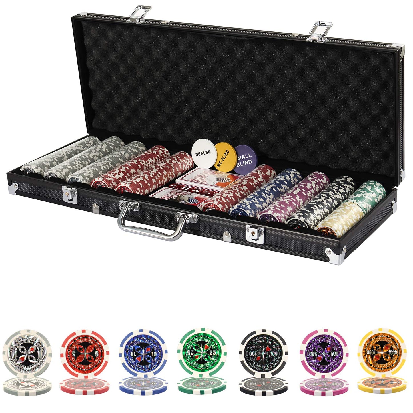 Texas Holdem Poker Chips Set with Aluminum Case,2 Decks of Cards, Dealer, Small Blind, Big Blind Buttons and 5 Dice (500 Piece Chips)