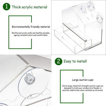 Outside Acrylic Balcony Window Bird Feeder with Drain Holes, Removable Tray, Super Strong Suction Cups,High Seed Capacity, Great Gift,Easy to Clean (20 x 18.5 x 10cm)