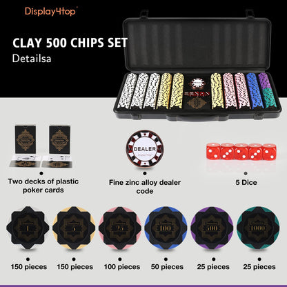 Clay Poker Chips Set for Texas Holdem,Poker Chips with Denominations,Features a high-end Carrying case with Leather Interior Design and German Polycarbonate Shell(500pcs - 13.5g)