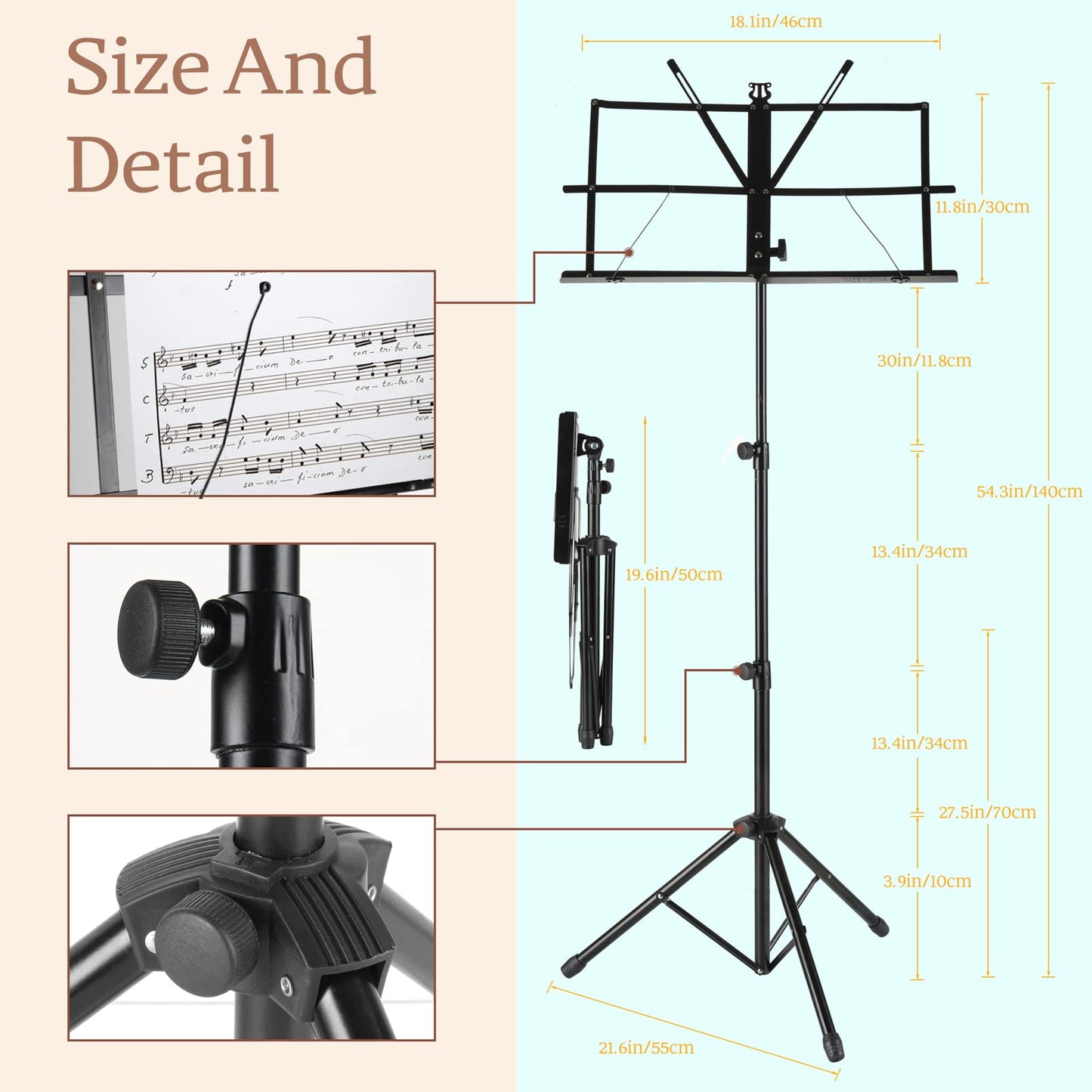 Adjustable Heights Sheet Music Stand Holder,Portable Folding Metal Music Stand with Carrying Bag,Lightweight for Storage or Travel, Black