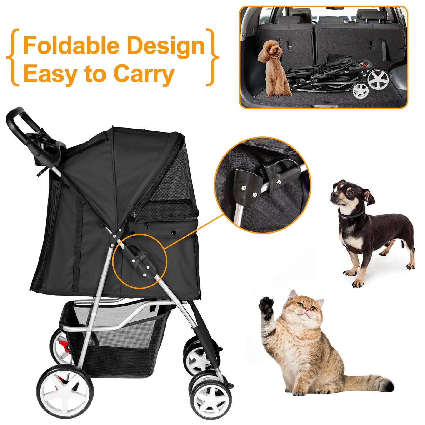 Pet Travel Stroller Dog Cat Pushchair Pram Jogger Buggy with 4 Wheels