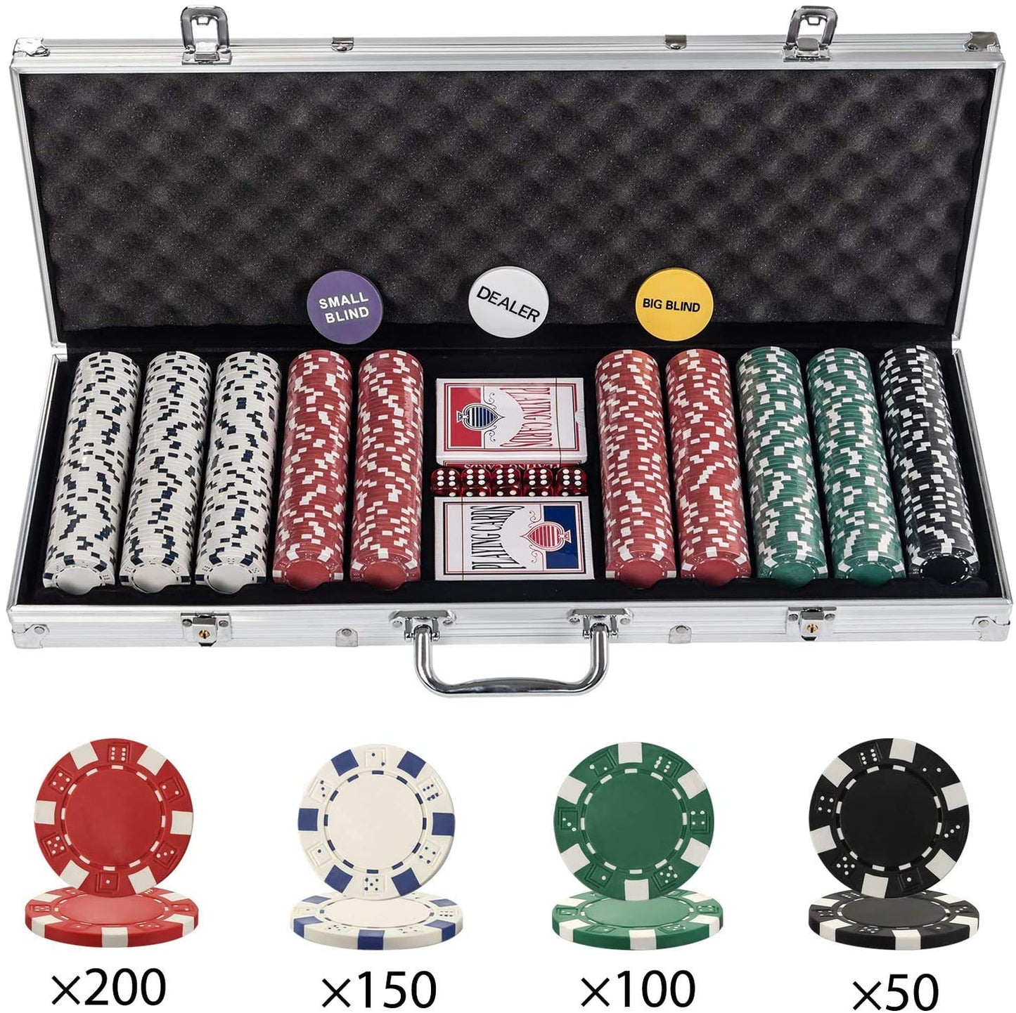 Texas Holdem Poker Chips Set with Aluminum Case,2 Decks of Cards, Dealer, Small Blind, Big Blind Buttons and 5 Dice (500pcs)