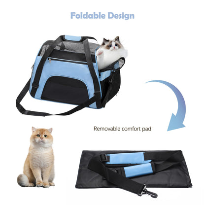 Cat Carrier, Portable Pet Carrier Foldable Soft Sided Cat Travel Carrier Airline Approved Cat Carrier bag Breathable with Mesh Top and Sides 43x20x28cm, Blue