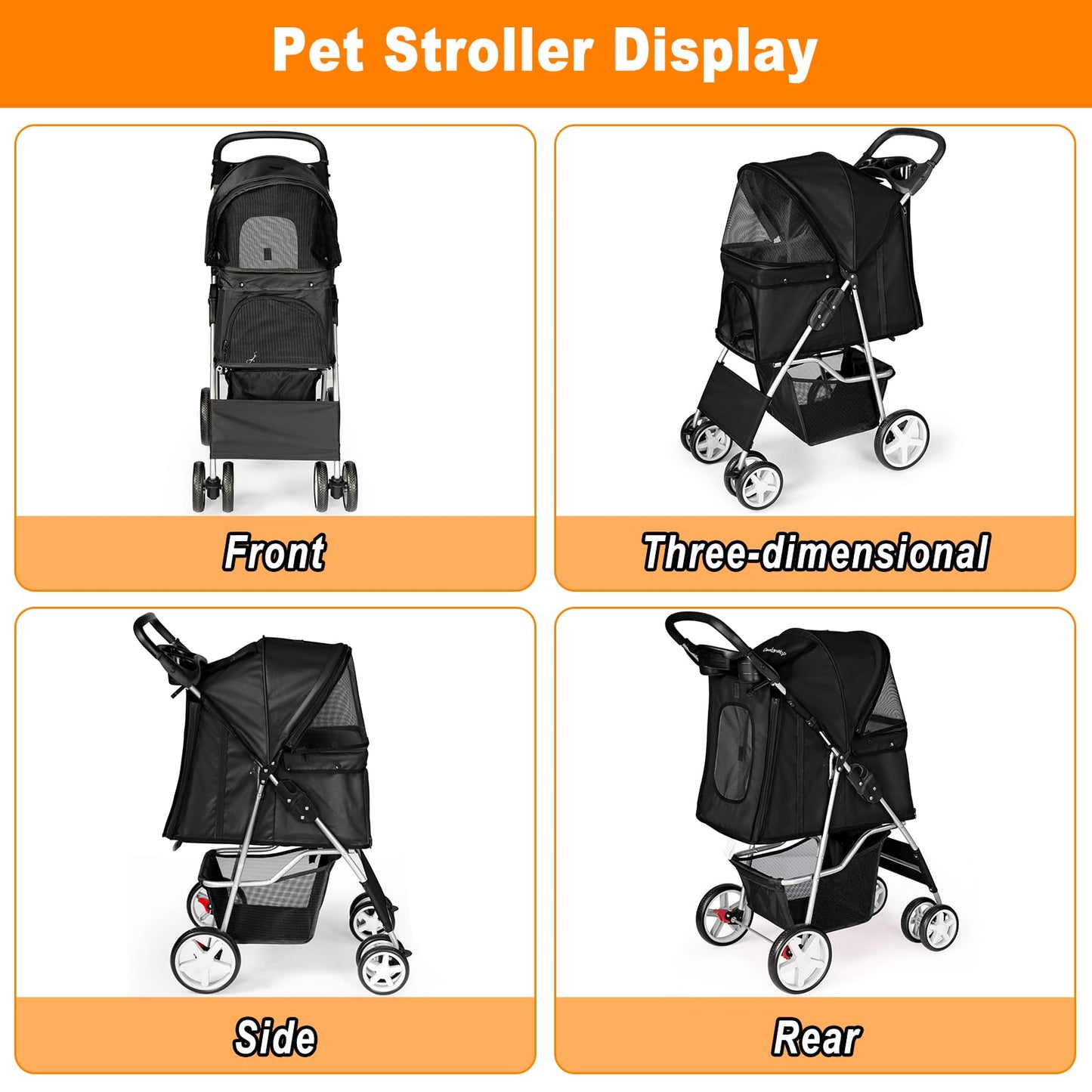 Pet Travel Stroller Dog Cat Pushchair Pram Jogger Buggy with 4 Wheels