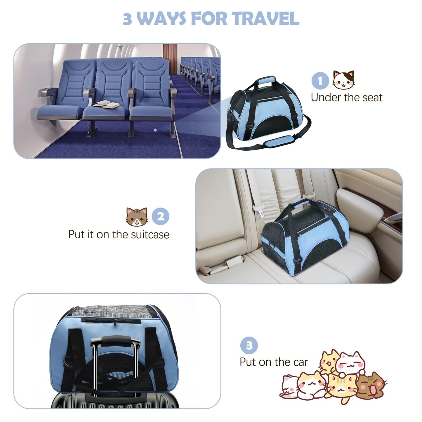 Cat Carrier, Portable Pet Carrier Foldable Soft Sided Cat Travel Carrier Airline Approved Cat Carrier bag Breathable with Mesh Top and Sides 43x20x28cm, Blue