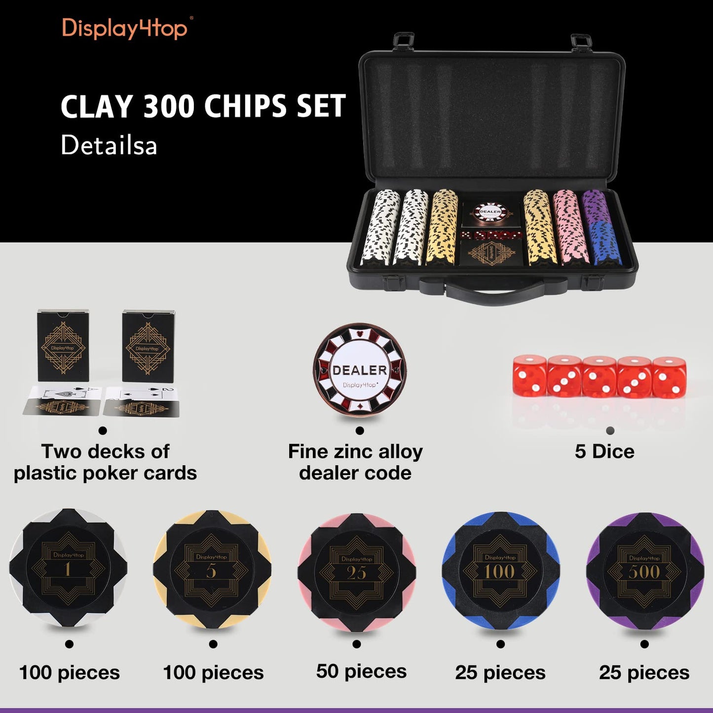 Clay Poker Chips Set for Texas Holdem,Poker Chips with Denominations,Features a high-end Carrying case with Leather Interior Design and German Polycarbonate Shell(300pcs - 13.5g)