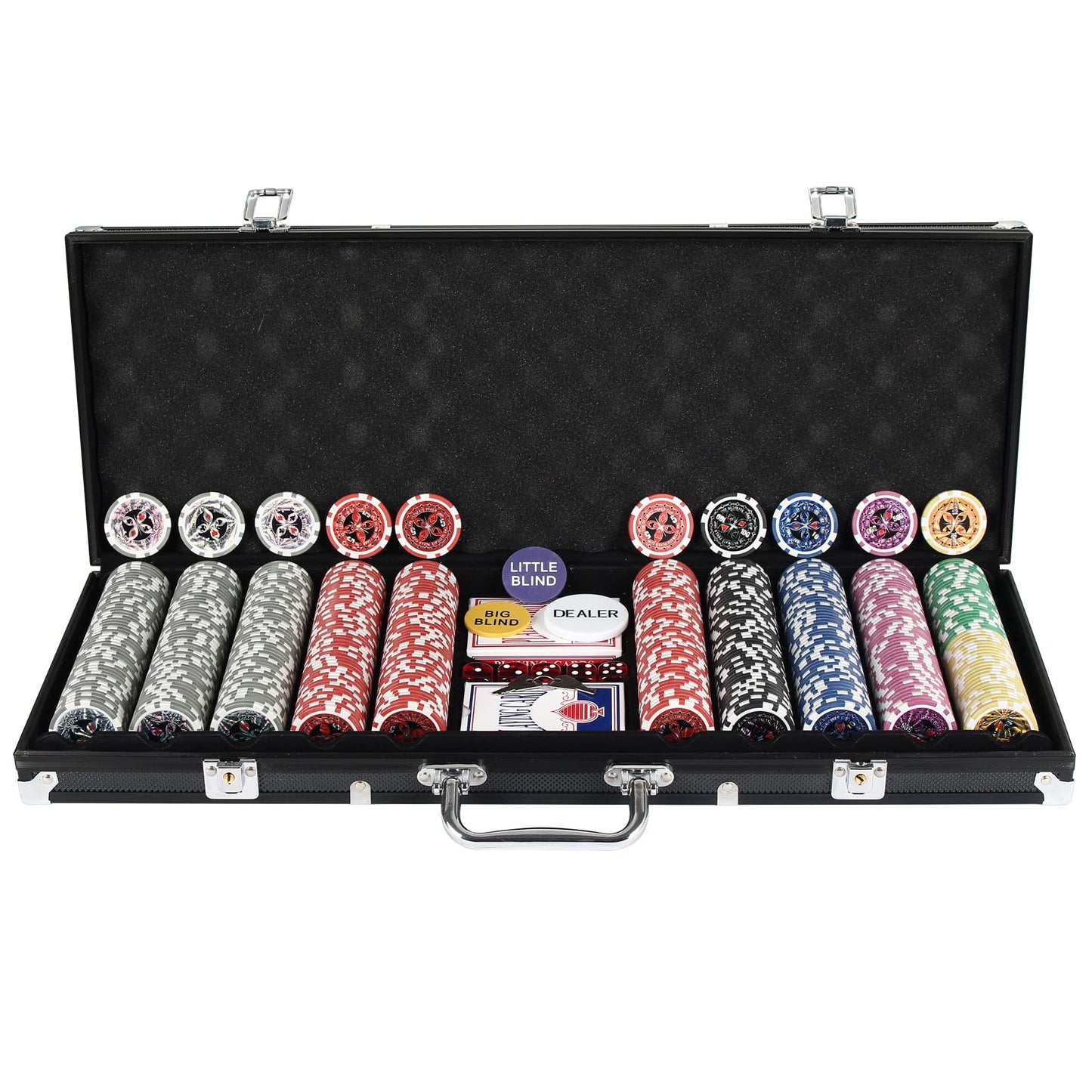 Texas Holdem Poker Chips Set with Aluminum Case,2 Decks of Cards, Dealer, Small Blind, Big Blind Buttons and 5 Dice (500 Piece Chips)