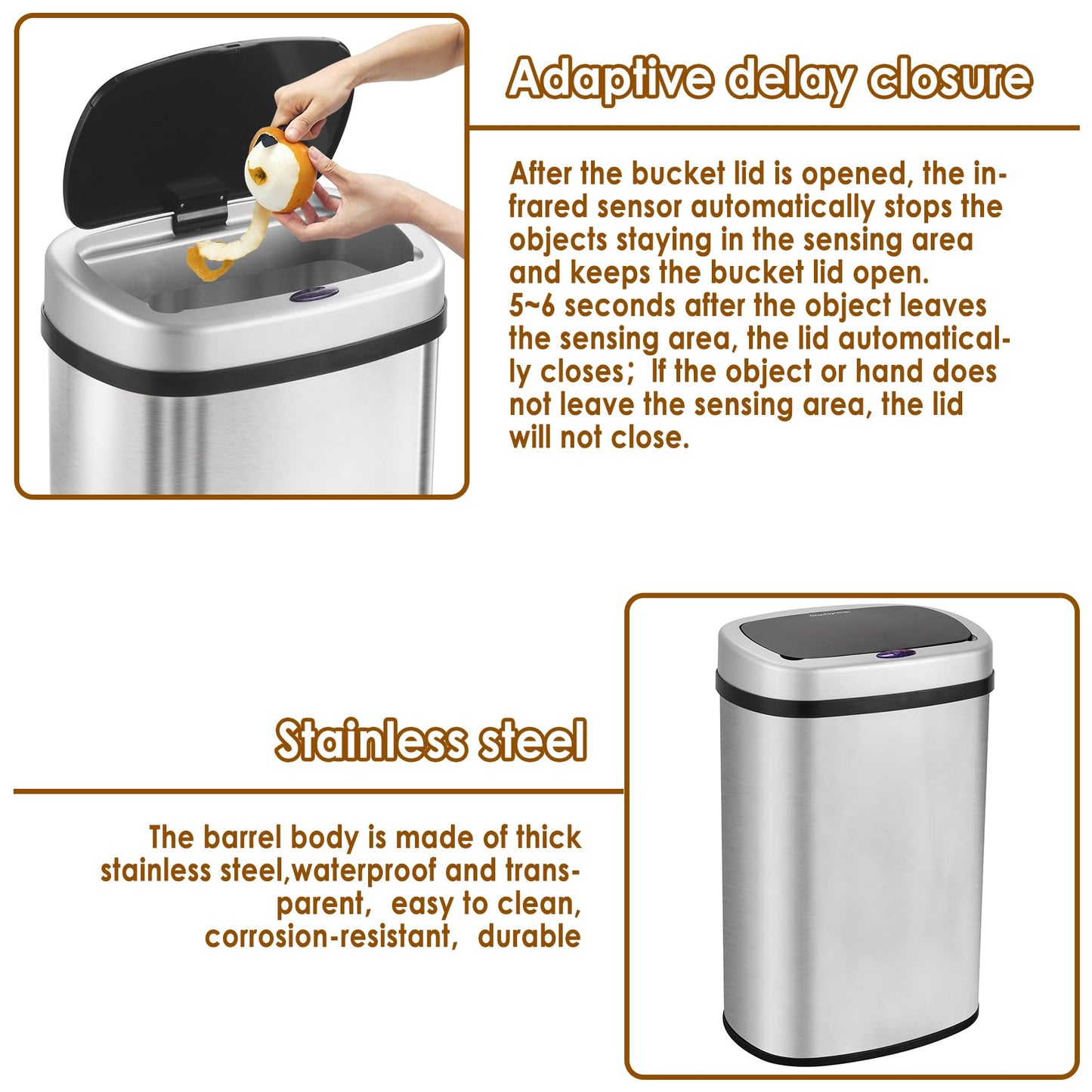 Stainless Steel Automatic Touchless Kitchen Bathroom Sensor Bin,Trash Can,Touch Bin (58LRound)