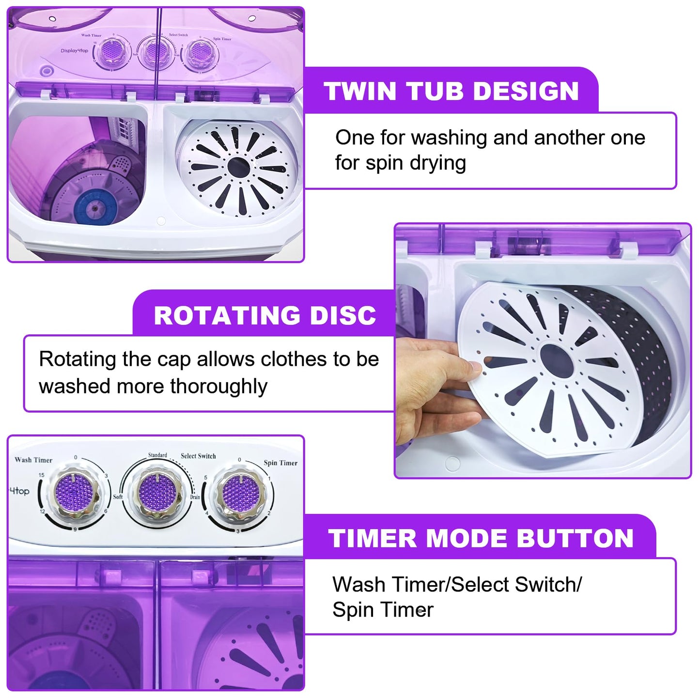 Electric Mini Portable Compact 3.6KG Capacity Washer Washing Machine Spin Dryer Laundry (Purple) [Energy Class A]