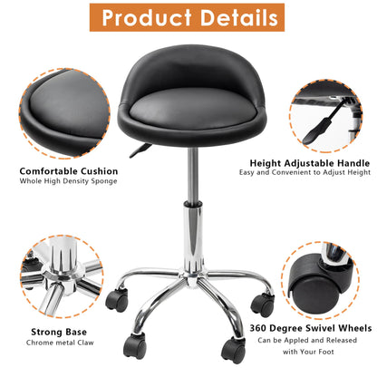 Black Adjustable Swivel Rolling Cushion Tattoo Massage Hydraulic Salon Stool with Back,5 Wheels