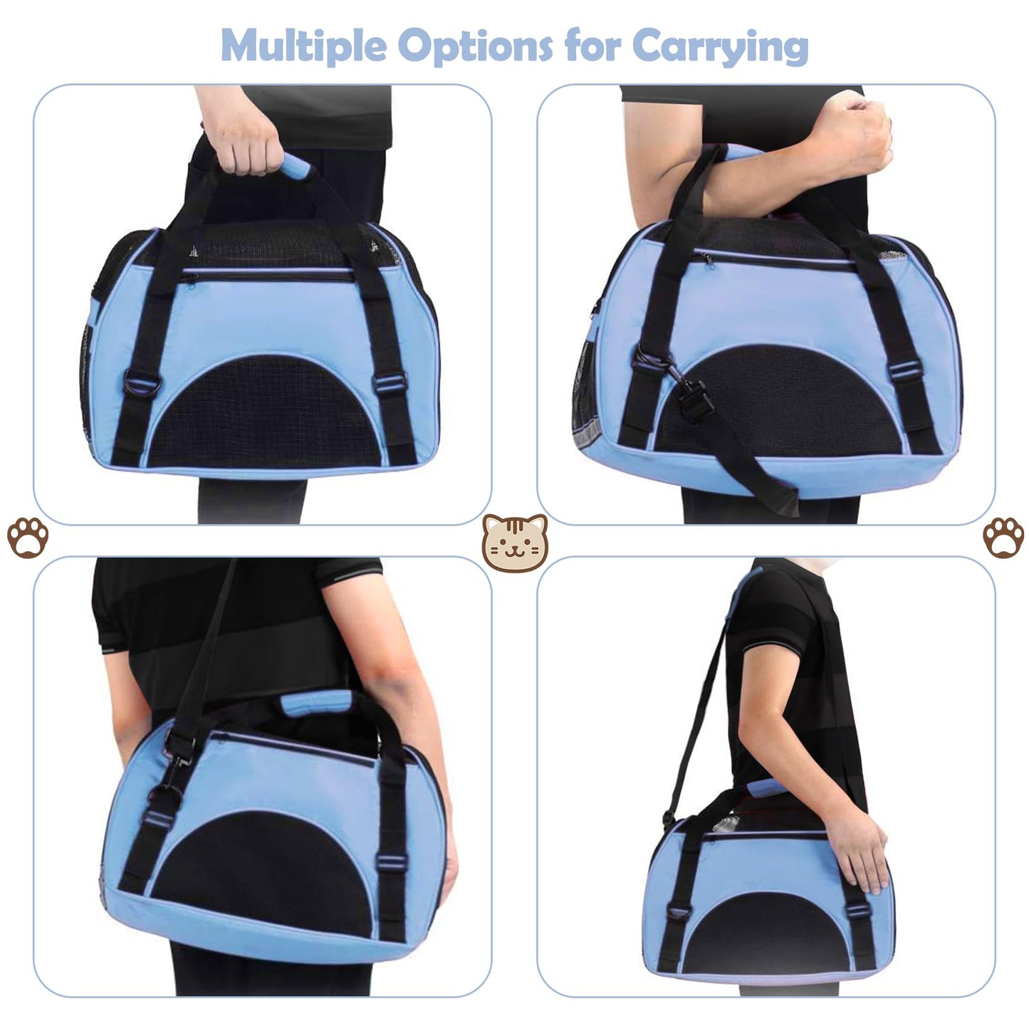 Cat Carrier, Portable Pet Carrier Foldable Soft Sided Cat Travel Carrier Airline Approved Cat Carrier bag Breathable with Mesh Top and Sides 43x20x28cm, Blue