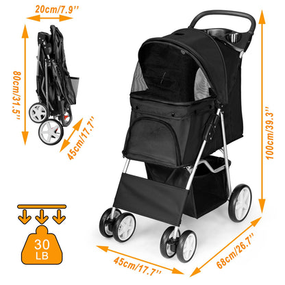 Pet Travel Stroller Dog Cat Pushchair Pram Jogger Buggy with 4 Wheels