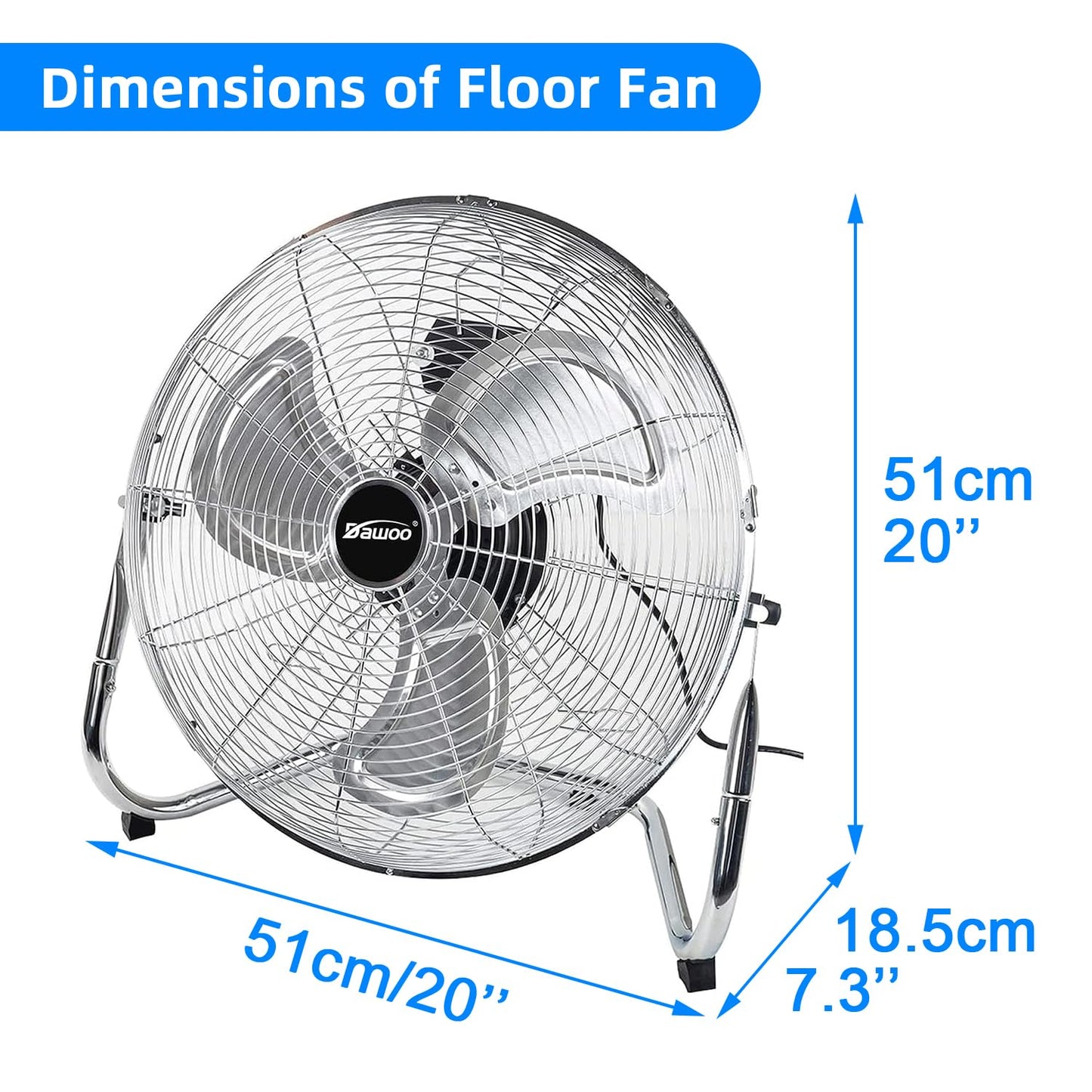 Floor Fan 18", 95W Industrial Floor Fan with 3 Speeds Electric Portable Cooling Fan High Velocity for Gym Workshop Warehouse with Tilting (18Inch, Chrome)