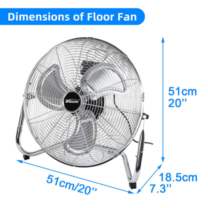 Floor Fan 18", 95W Industrial Floor Fan with 3 Speeds Electric Portable Cooling Fan High Velocity for Gym Workshop Warehouse with Tilting (18Inch, Chrome)