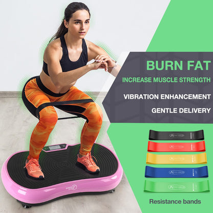 Ultra Slim Vibration Plate Exercise Machine,5 Programs + 180 Levels,Full Whole Body Vibration Machine for Home Fitness & Weight Loss,With Bluetooth Speakers (Pink with Fitness Band)