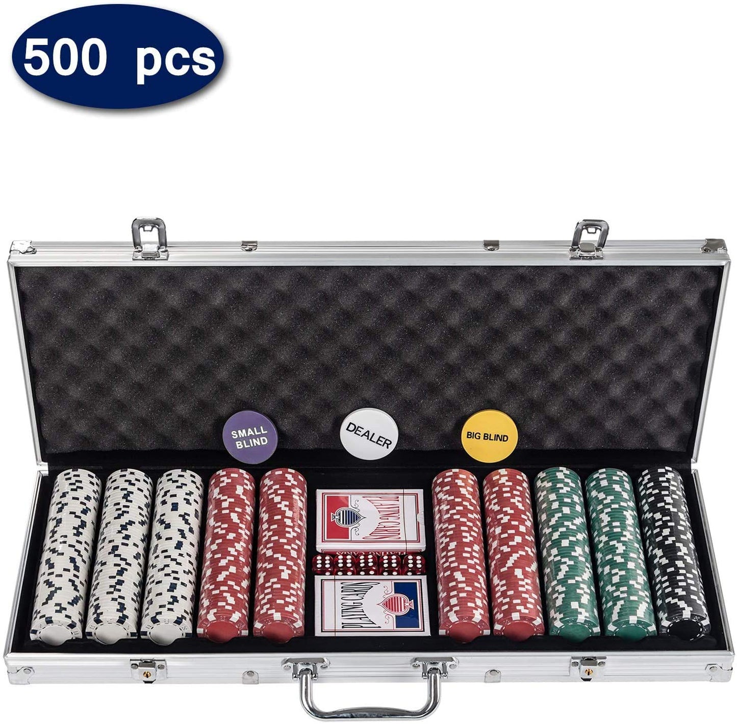 Texas Holdem Poker Chips Set with Aluminum Case,2 Decks of Cards, Dealer, Small Blind, Big Blind Buttons and 5 Dice (500pcs)