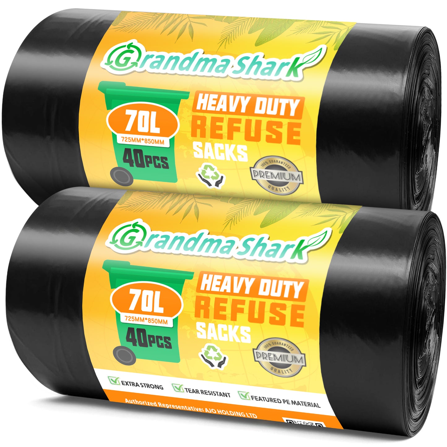 GRANDMA SHARK 70L Heavy Duty Bin Bags, Recycled Material Refuse Sacks, Strong 25 Micron Black Bin Bags, 40 Pack for Home & Commercial Waste Disposal, Durable & Leak-Proof