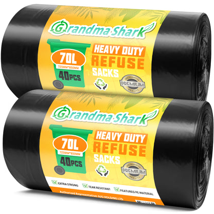 GRANDMA SHARK 70L Heavy Duty Bin Bags, Recycled Material Refuse Sacks, Strong 25 Micron Black Bin Bags, 40 Pack for Home & Commercial Waste Disposal, Durable & Leak-Proof