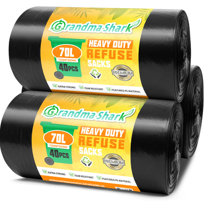 GRANDMA SHARK 70L Heavy Duty Bin Bags, Recycled Material Refuse Sacks, Strong 25 Micron Black Bin Bags, 40 Pack for Home & Commercial Waste Disposal, Durable & Leak-Proof