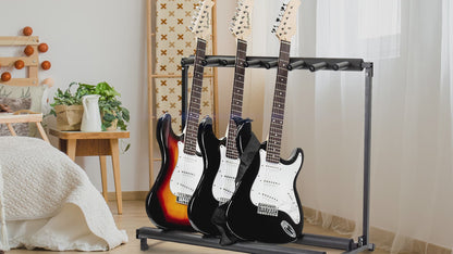 Multi Guitar Stand 7 Holder Foldable Universal Display Rack - Portable Black Guitar Holder.Padding for Classical Acoustic, Electric, Bass Guitar